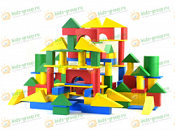 Конструктор деревянный с большими неокрашенными и цветными элементами для группы детского сада СТРОИТЕЛЬ 122 элемента стол-пол