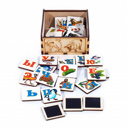 Магнитная азбука в картинках в коробке (дерево)
