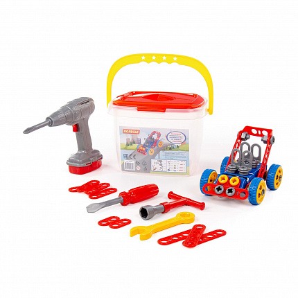 Конструктор Изобретатель - Автомобиль №1 91 элемент + шуруповёрт в ведёрке