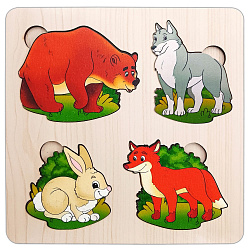 Больше-меньше "Дикие животные"  развивающая доска (дерево) 18,5*18,5 см