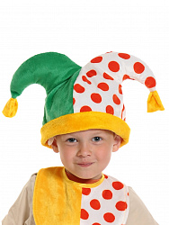 Скоморох-2 колпак детскийПЛЮШ (горох на белом/зелёный)