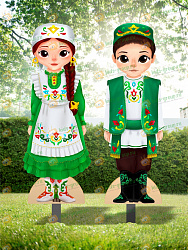 Комплект уличных фигур для детской площадки с металлическими опорами АЙСЫЛУ и АЗАТ - мальчик и девочка в национальных татарских костюмах Региональный компонент Республика Татарстан